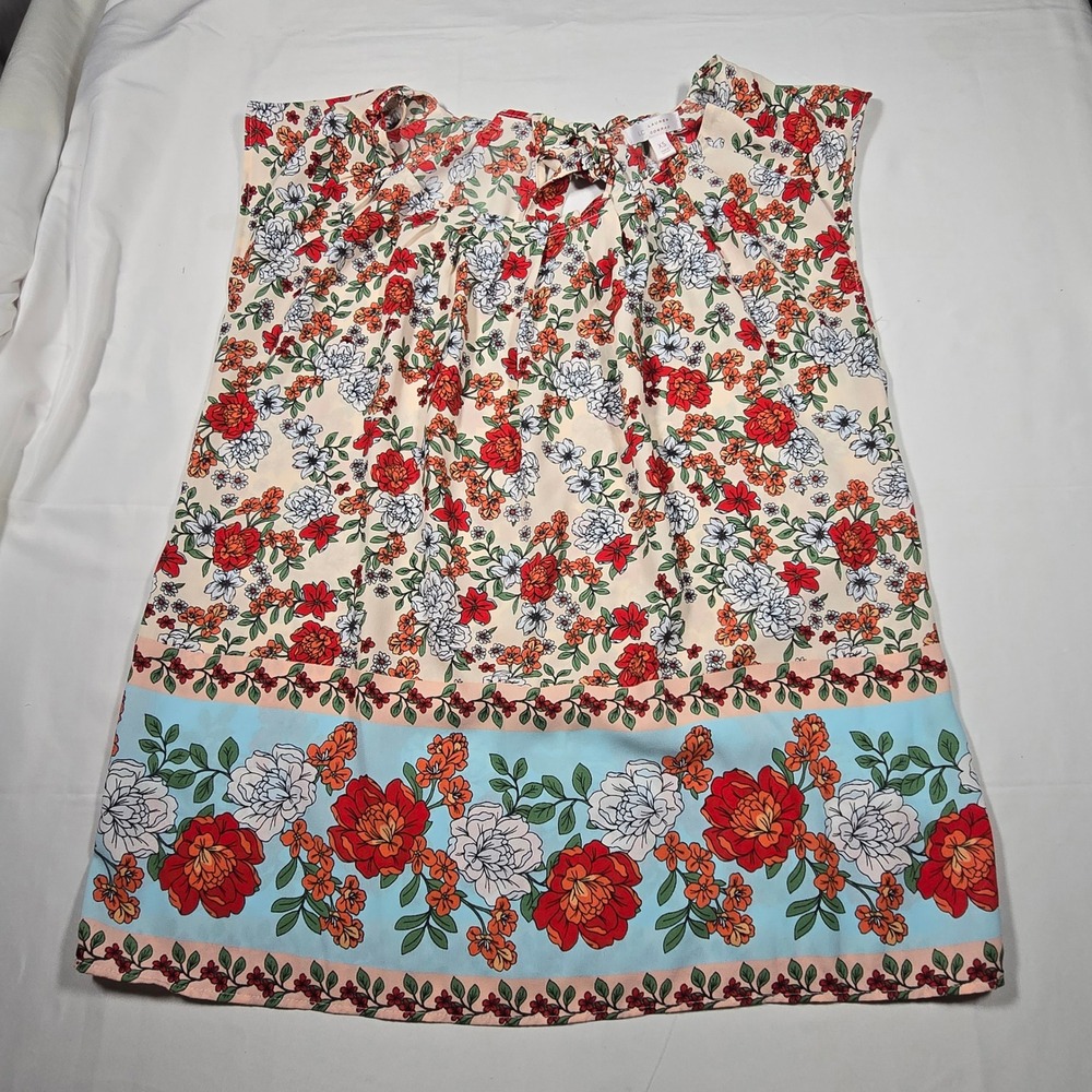 LC Lauren Conrad Floral Sleeveless Tie Neck Keyhole Blouse XS Multicolor
